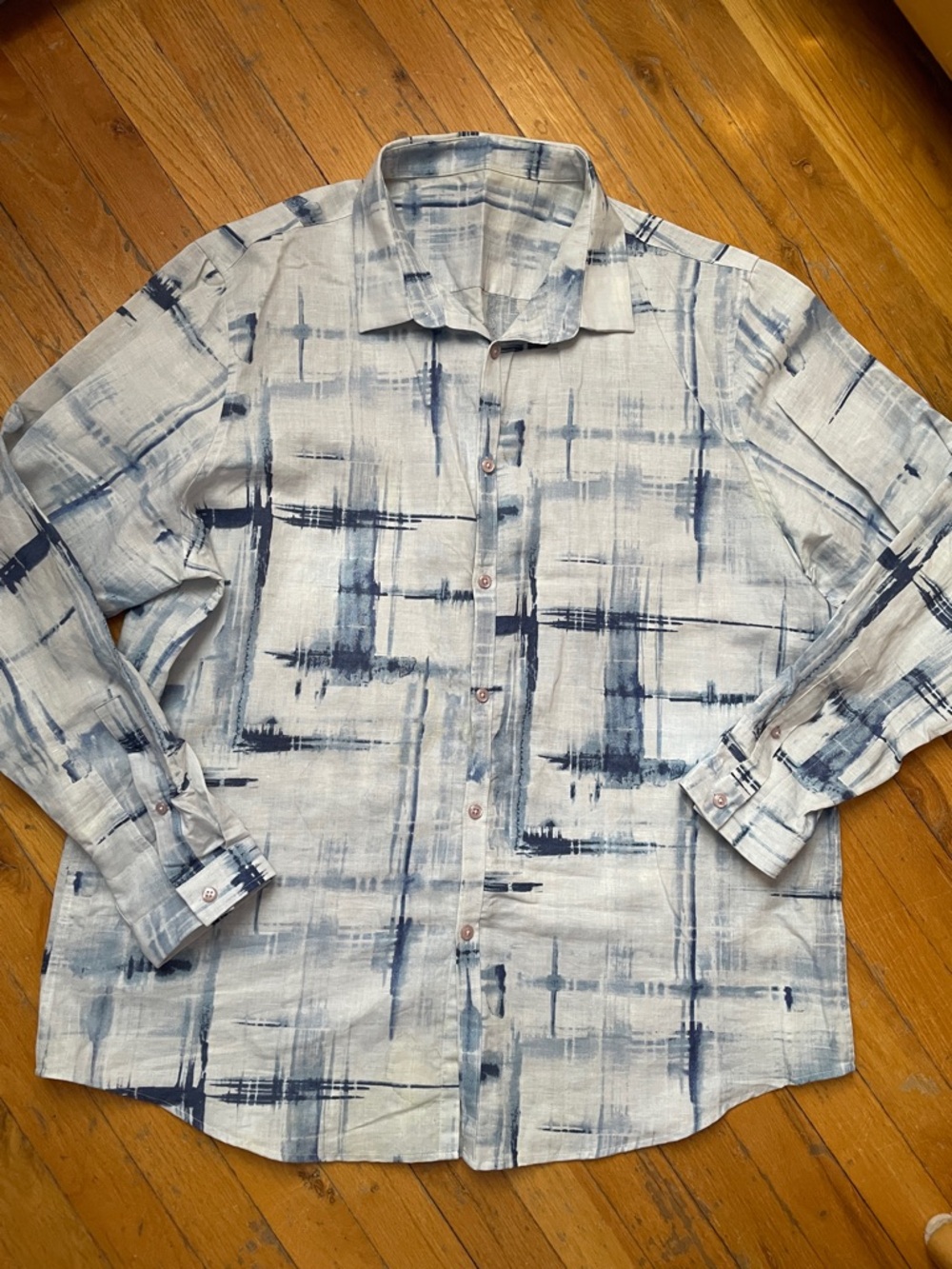 Mens INC Linen Shirt Blue Abstract Long Sleeved